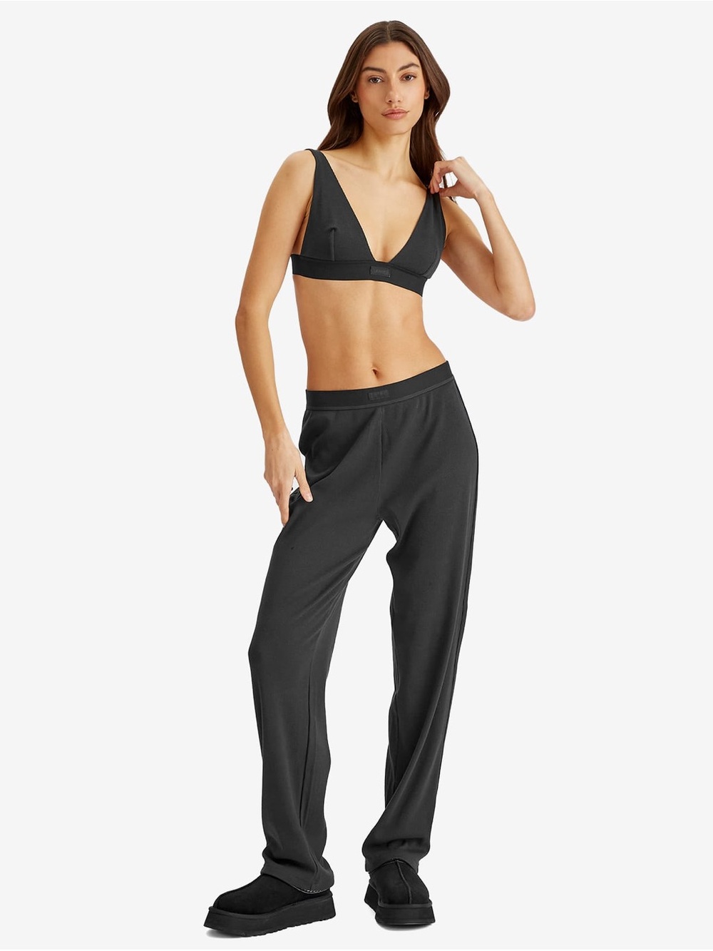 SKIMS Cotton Rib Pant Medium Loungewear Relaxed Fit Elastic Waist Soot Black